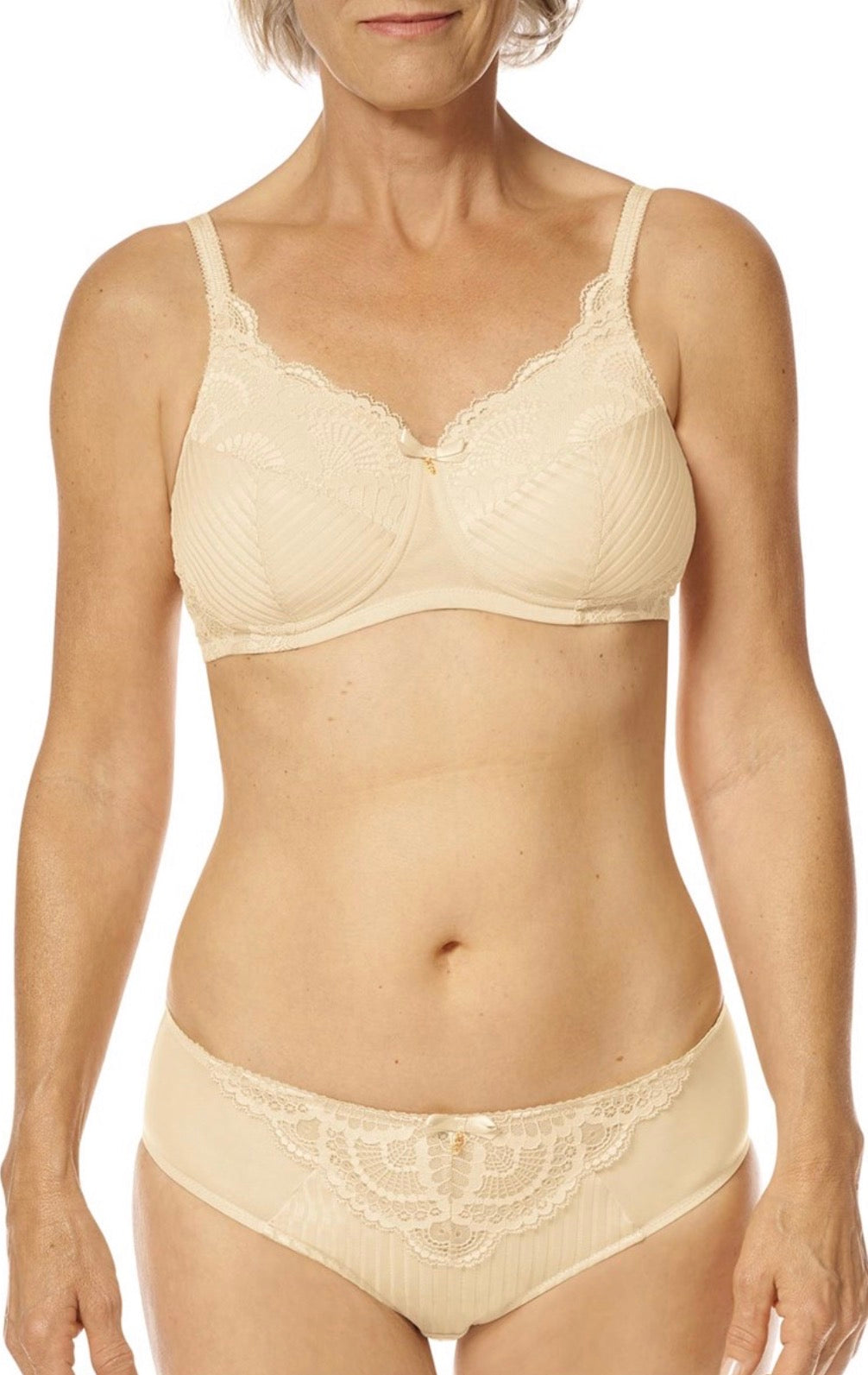 Beige Karolina padded wire-free bra and matching panties set with lace trim in soft fabric for comfortable wear