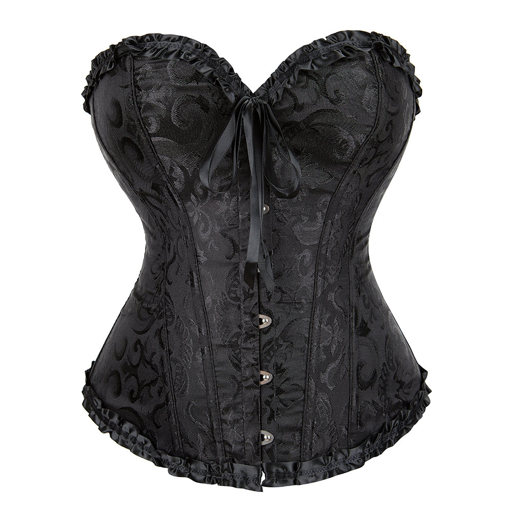Victorian corset in black satin with intricate paisley embroidery and ruffled trim front view