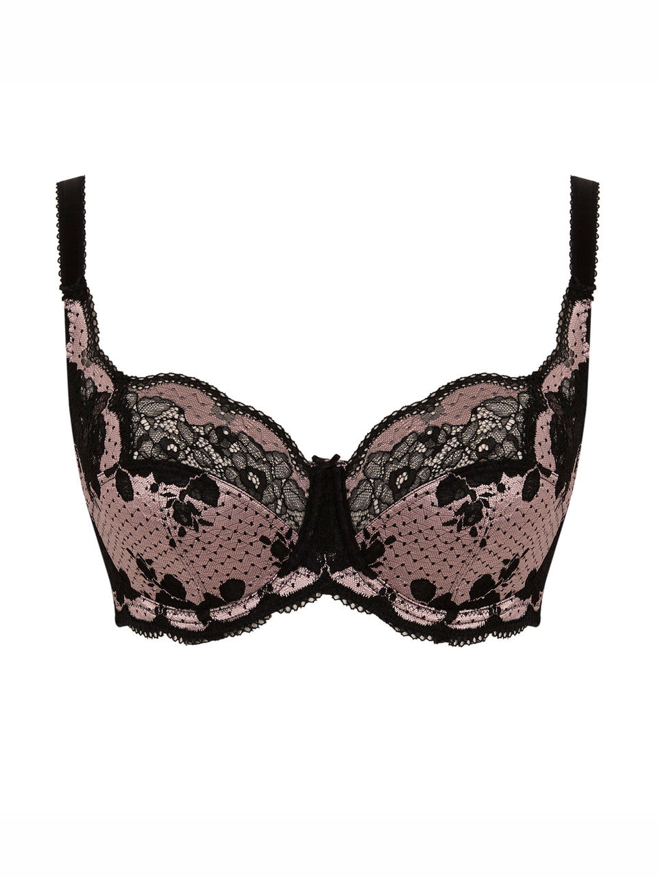 Clara Full Cup pink black lace bra with floral sheer mesh scalloped edges