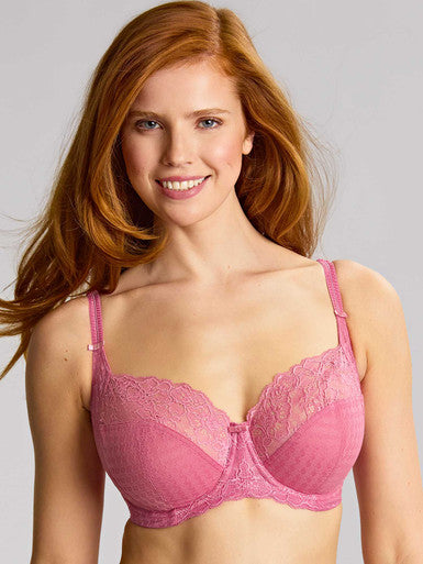 Pink lace envy full cup bra with delicate floral patterns and adjustable straps for full coverage support