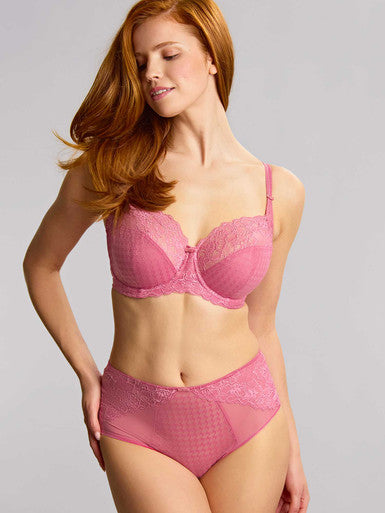 Pink lace envy full cup bra and matching high waisted panties set made of delicate lace material