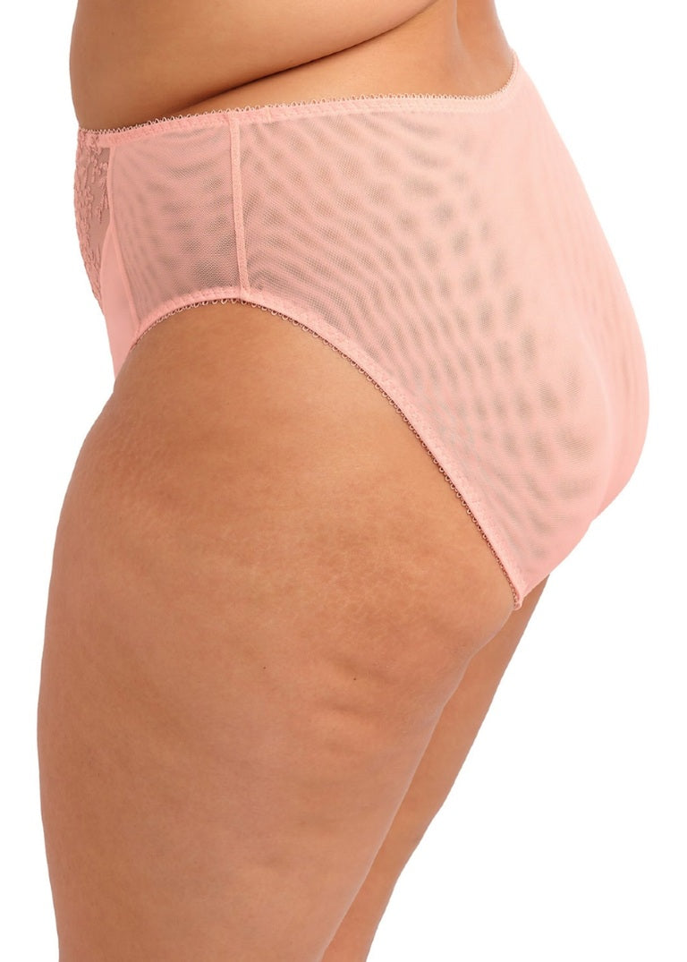 Pink lace-trimmed zarla high leg brief with sheer mesh panel and elastic waistband in high-waisted style