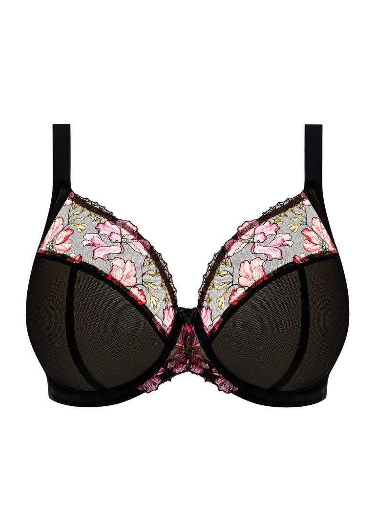 Teagan Underwire Plunge Bra in black with pink floral lace cups