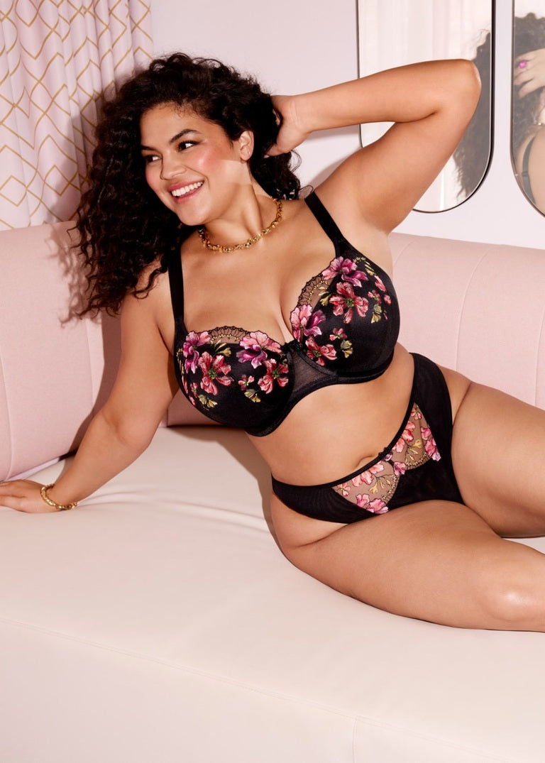 Black floral lace Teagan high-leg brief and thong set with pink blossoms