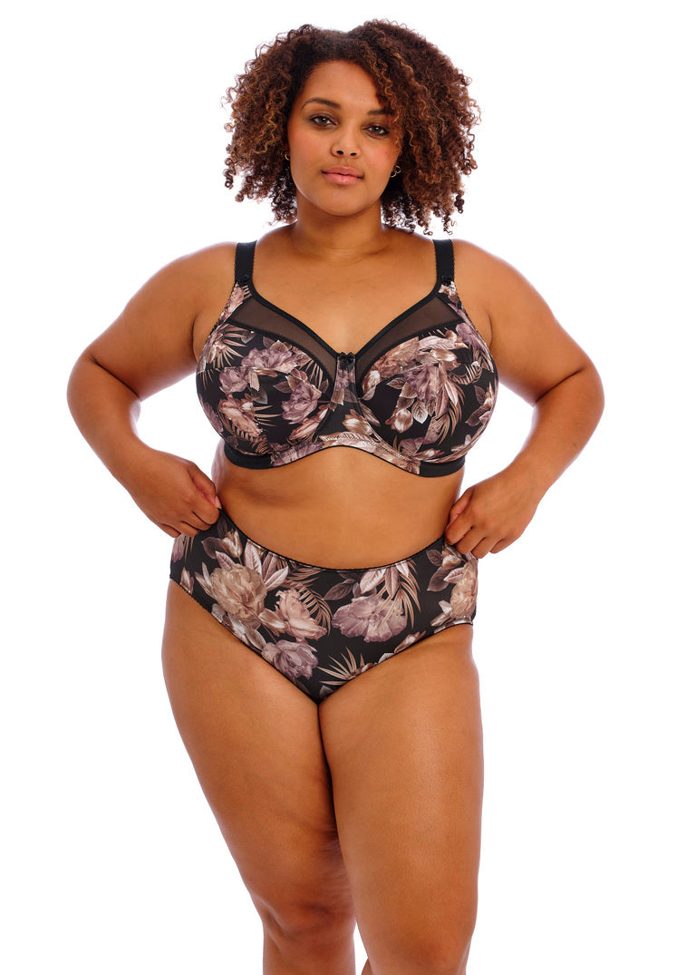 Black and mauve floral print Kayla Brief underwire bra with sheer mesh straps