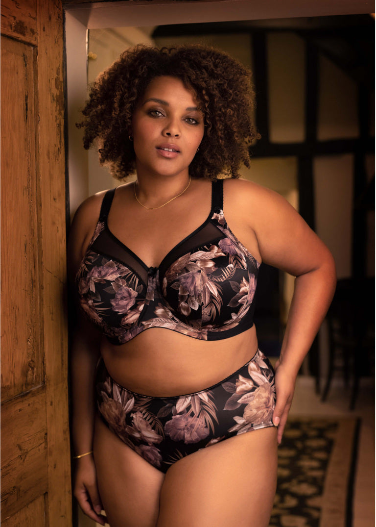 Kayla Brief black and mauve floral print bra set with sheer mesh straps