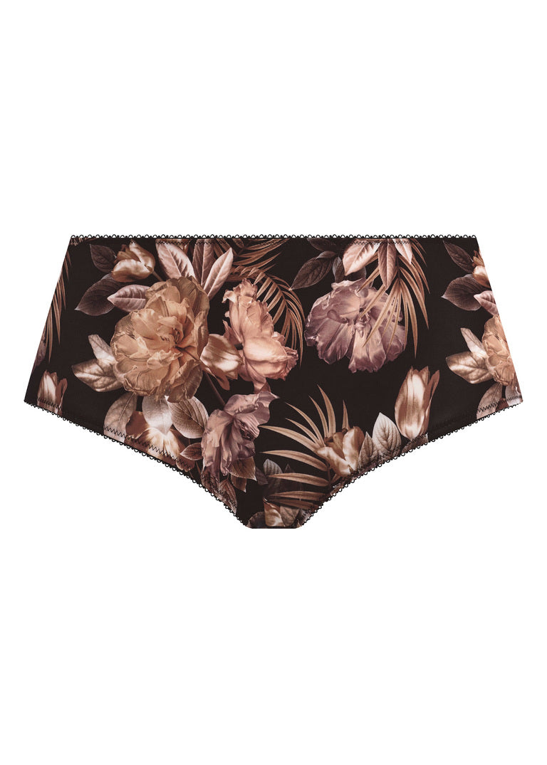 Kayla Brief: black floral briefs with rose gold beige blossoms and scalloped edge