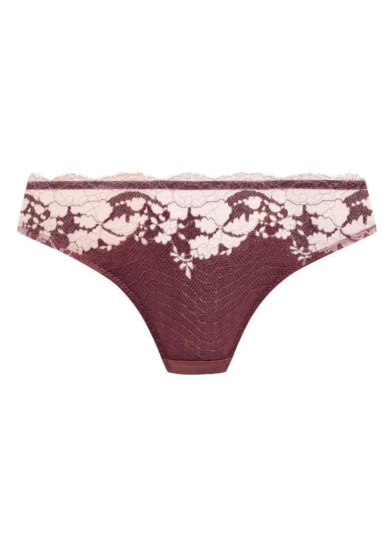 Modern Affair Bikini Brief: maroon lace-trimmed thong with floral patterns