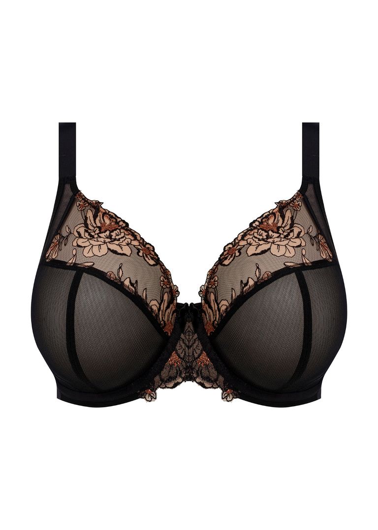 Teagan Underwire Plunge Bra in black lace with rose gold floral embroidery
