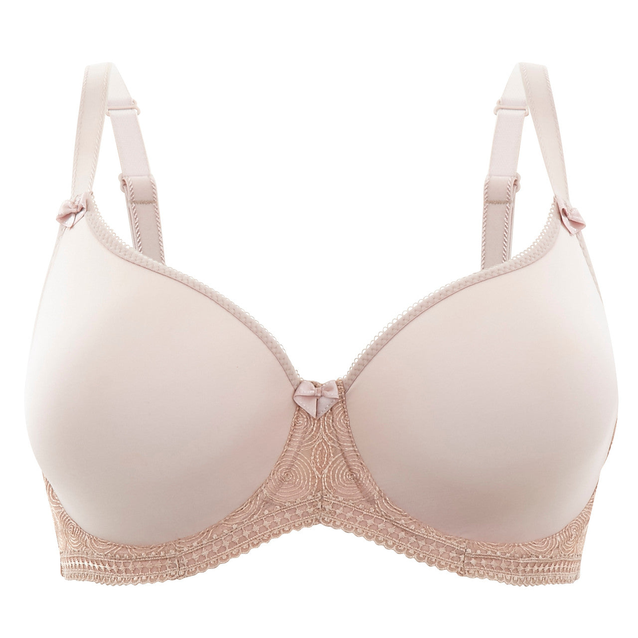 Cari Moulded Spacer T-Shirt Bra in soft blush with lace trim and satin bows