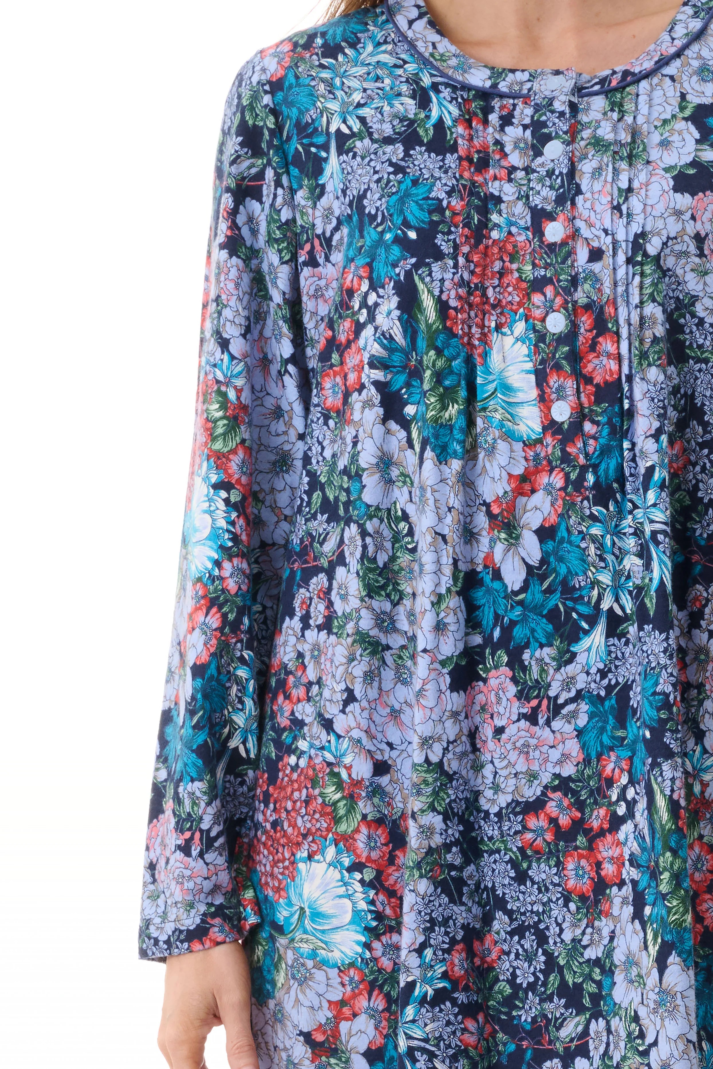 Frida mid nightie navy blue floral print dress with long sleeves and gathered neckline featuring vibrant blooms