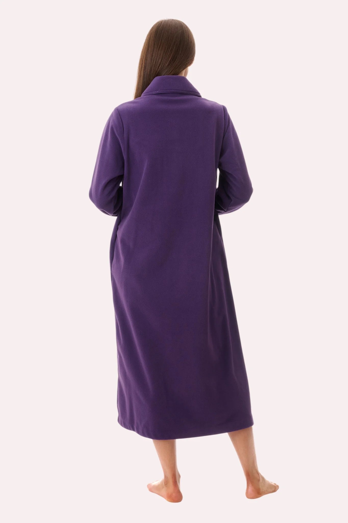 A plush deep purple short button gown with soft fabric and a classic collar for comfortable lounging