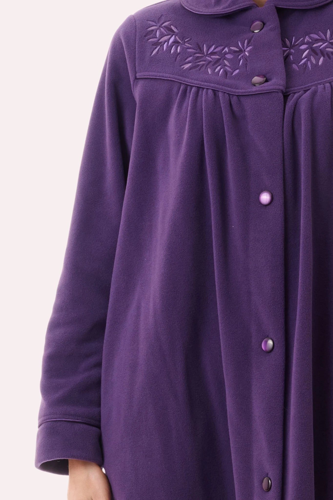 Short button gown purple velvet nightgown with delicate embroidered leaf pattern collar and matching front buttons