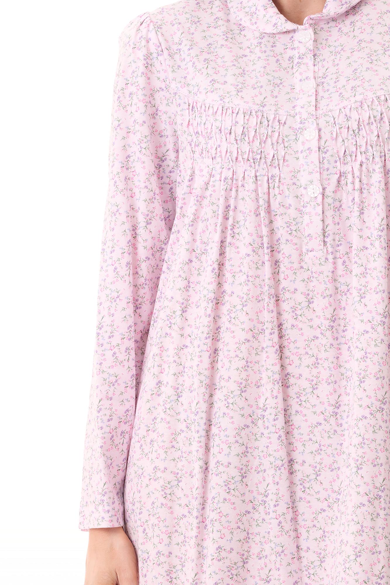 Thea Nightie soft pink nightgown with floral pattern and smocked neckline