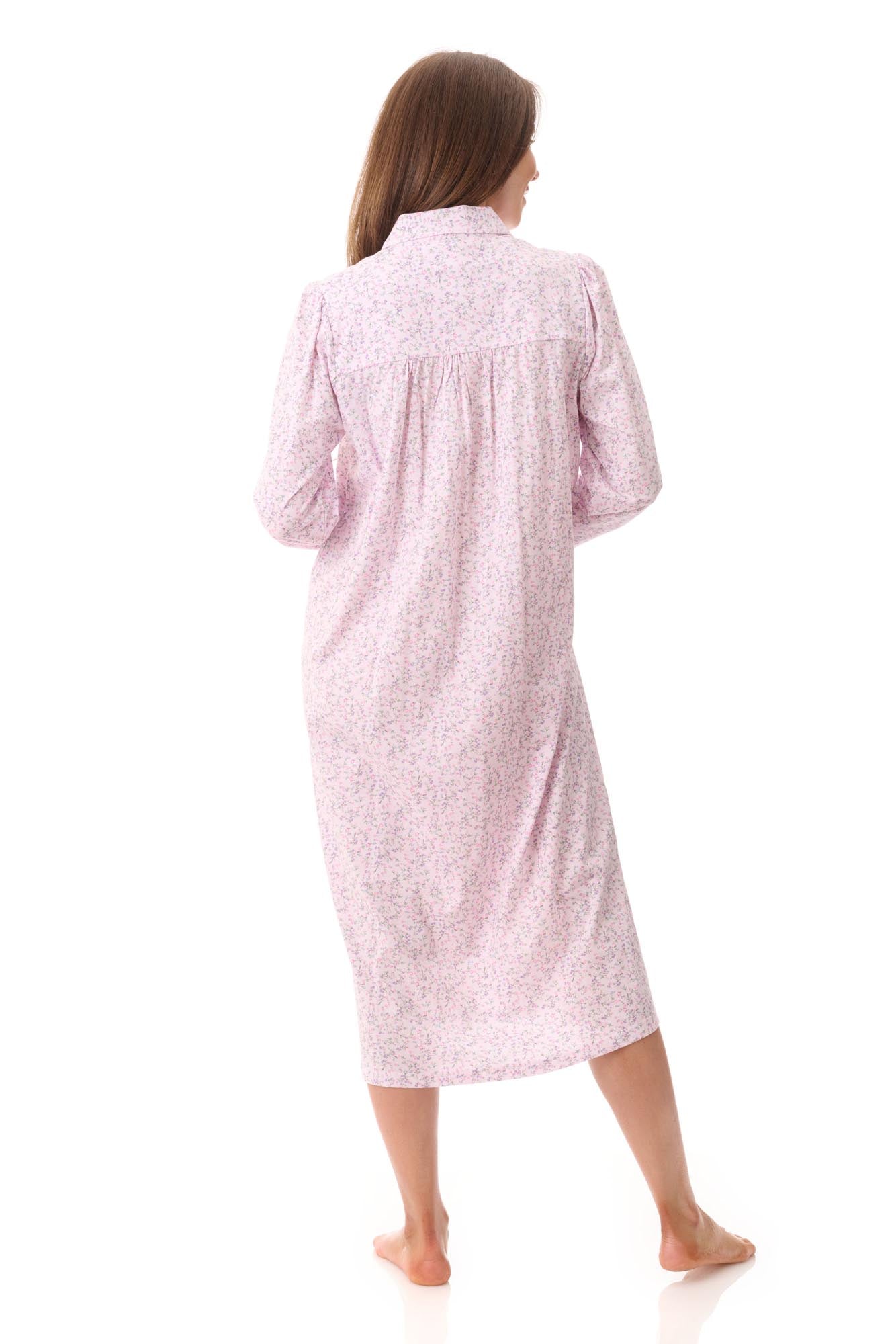 Thea Nightie soft pink nightgown with floral pattern and long sleeves