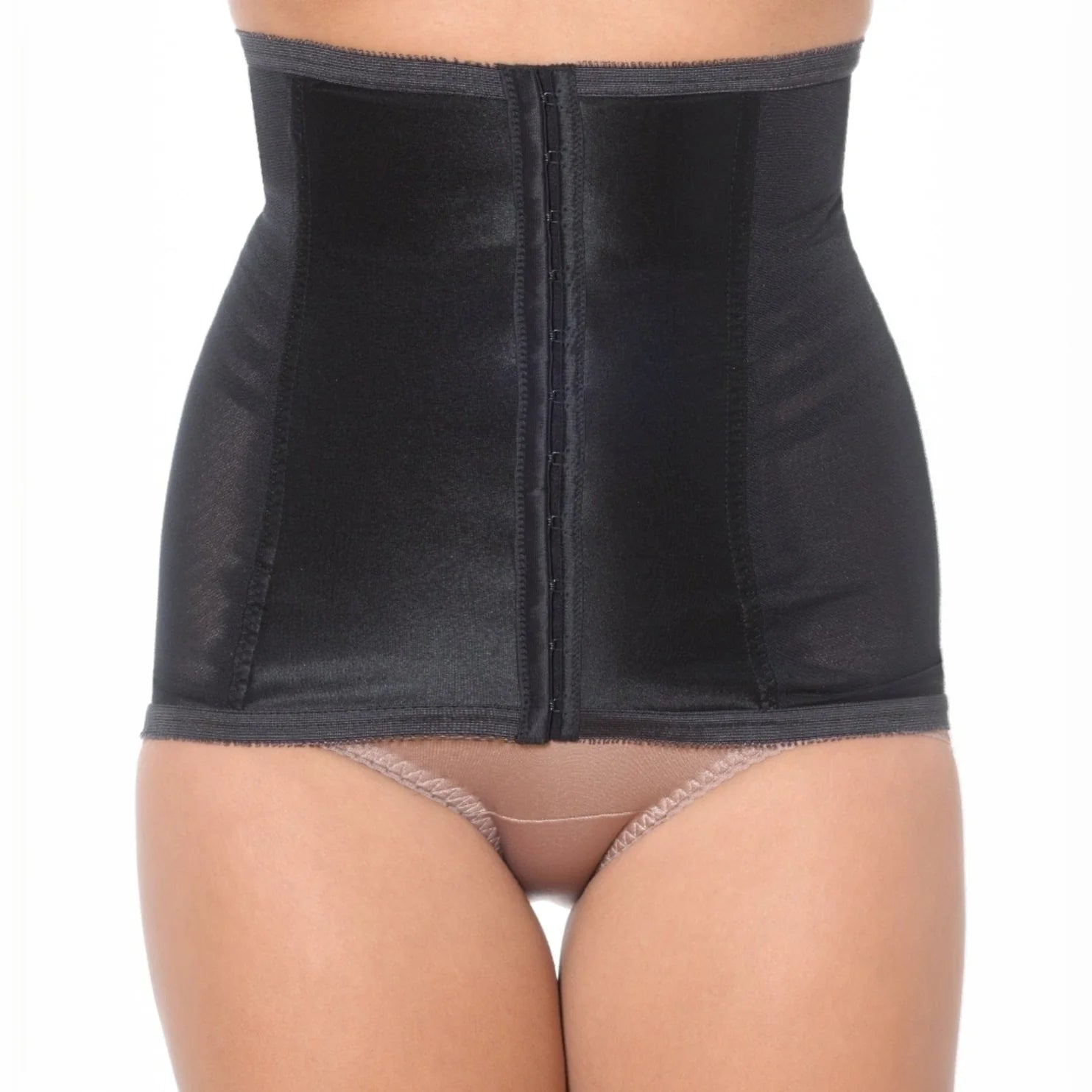 Shapette Waist Cincher black satin corset with central zipper and elastic waistband