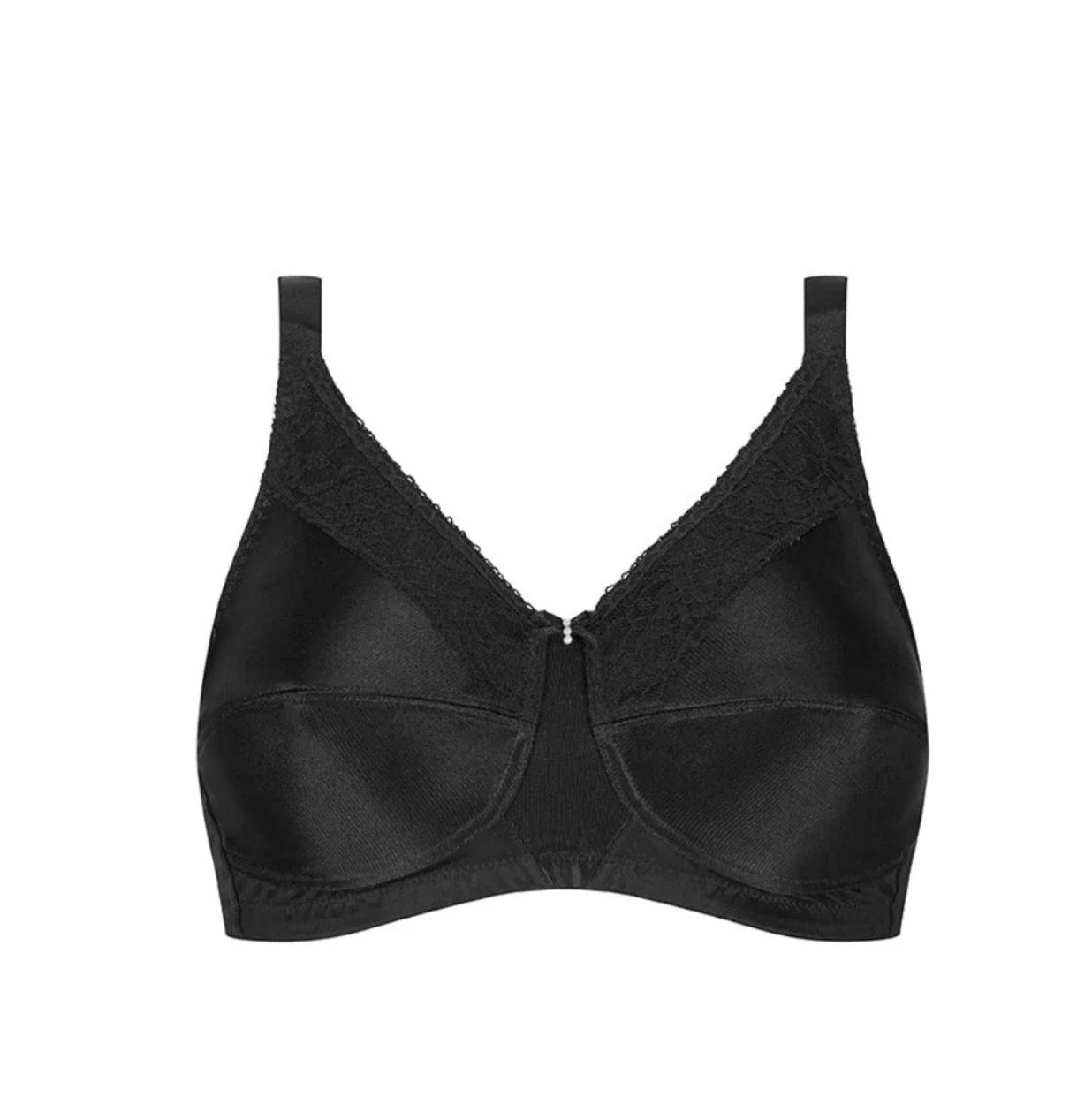 Black satin Nancy Non Wired bra with lace trim and central zipper detail for comfortable support