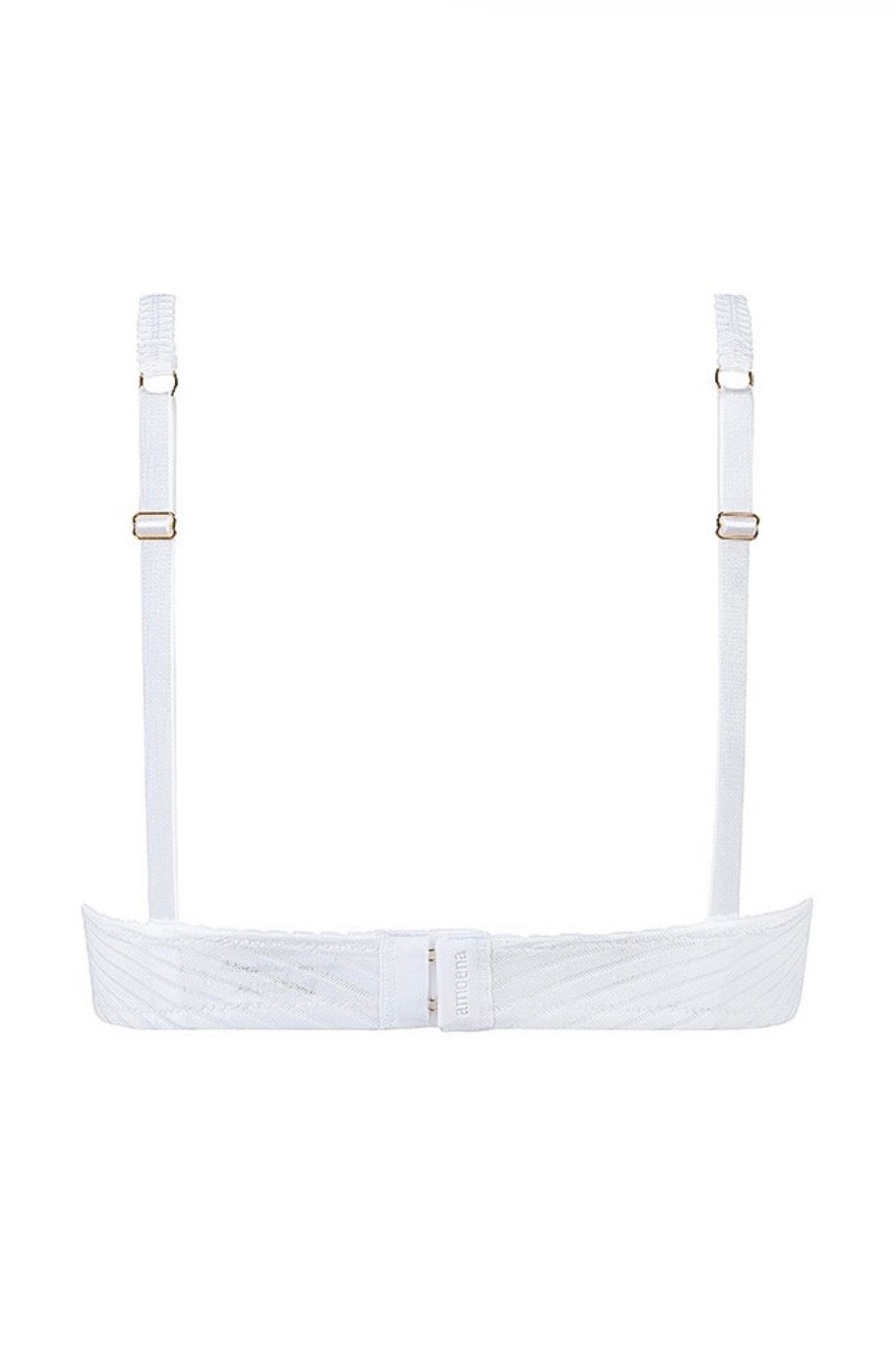 White lace karolina padded wire-free bra with adjustable straps and metallic clasps for comfortable support