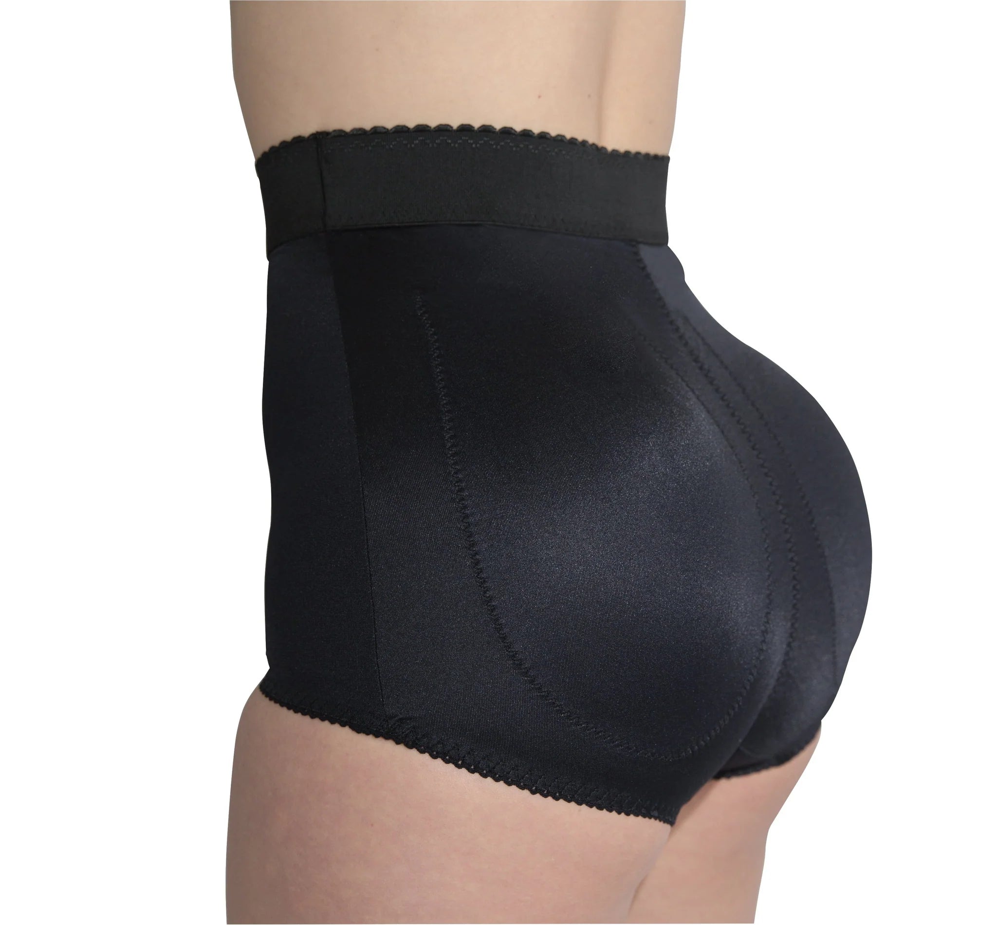 Black high-waisted shapewear briefs with satin finish and scalloped edges