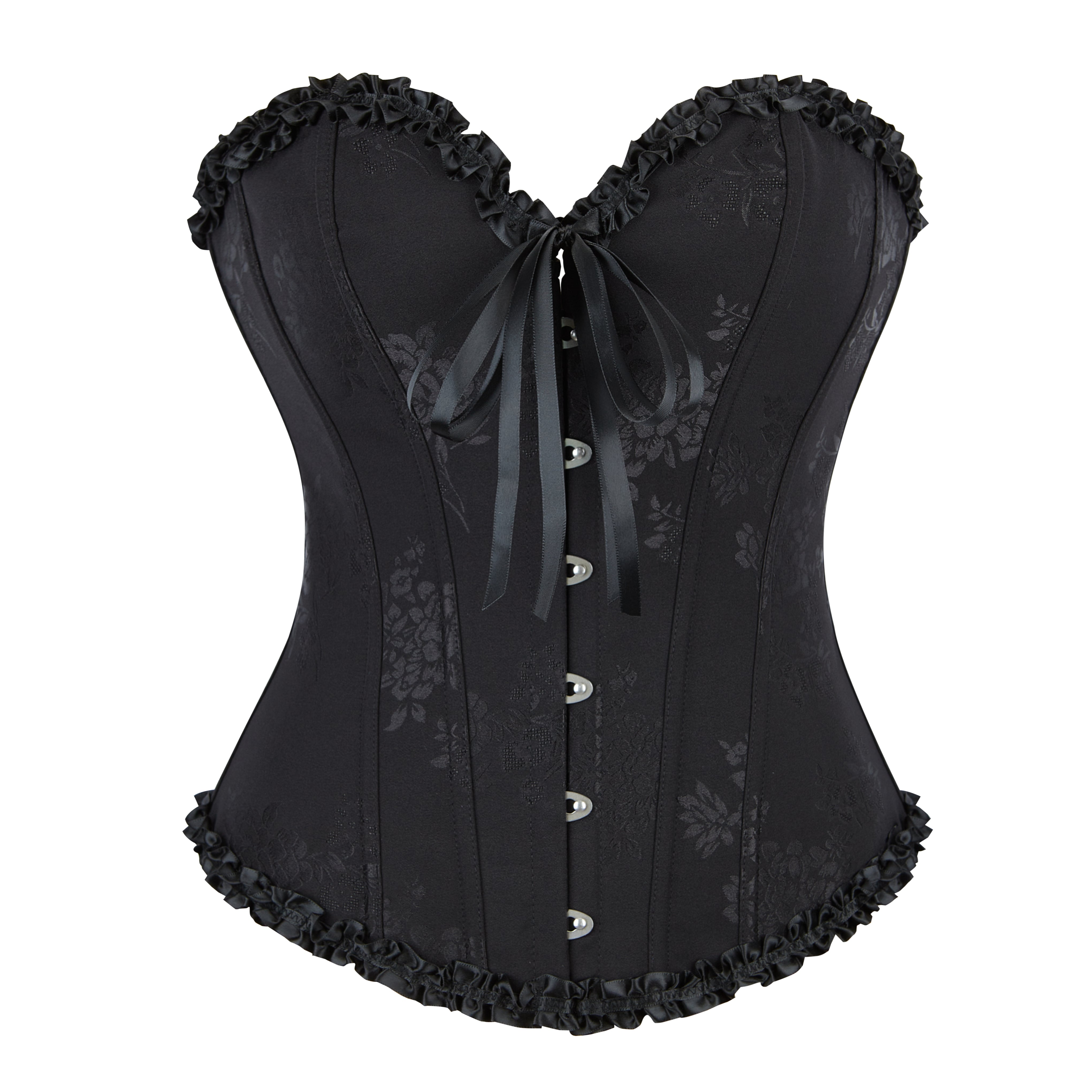Black floral corset featuring ruffled trim and satin ribbon ties for an elegant fitted silhouette