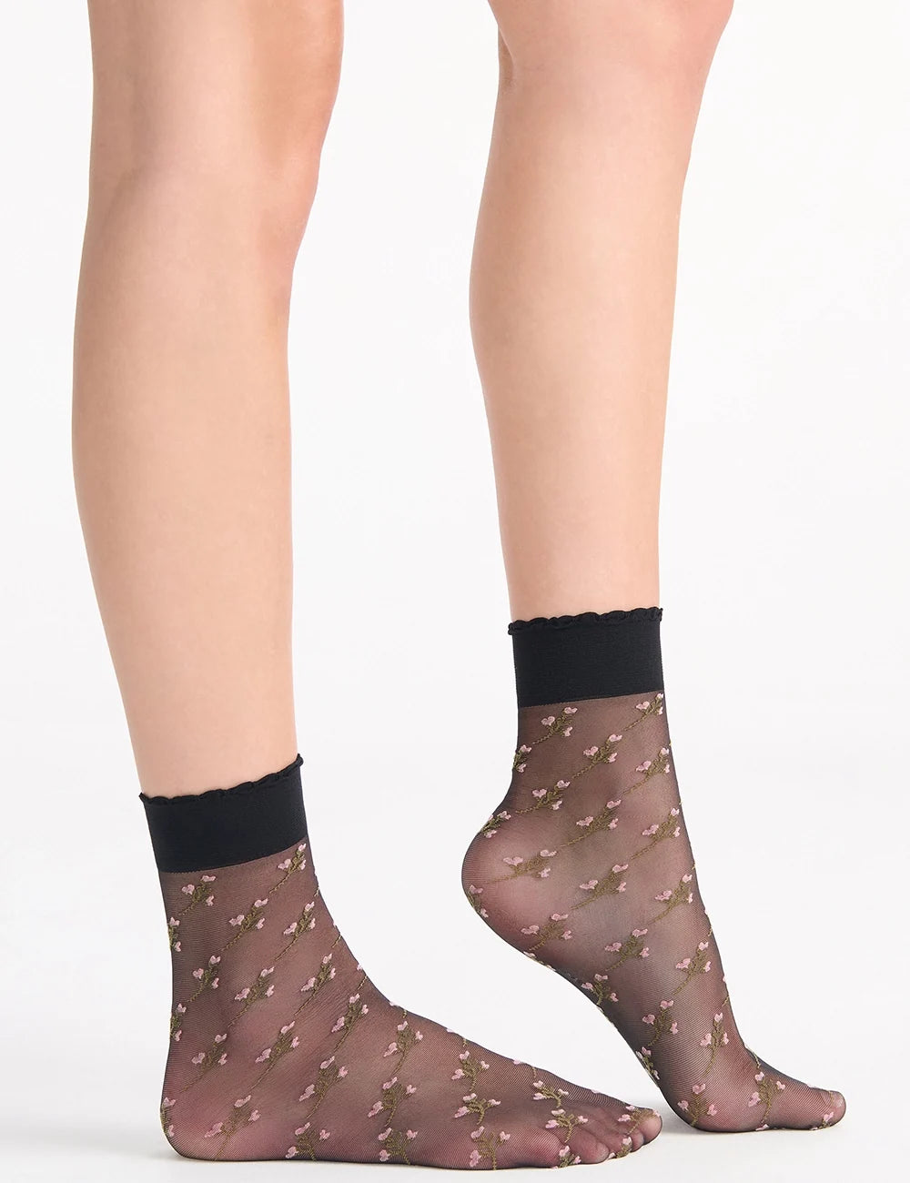 Transparent mauve bouquet anklet socks with delicate pink and gold floral embroidery and black ribbed cuff