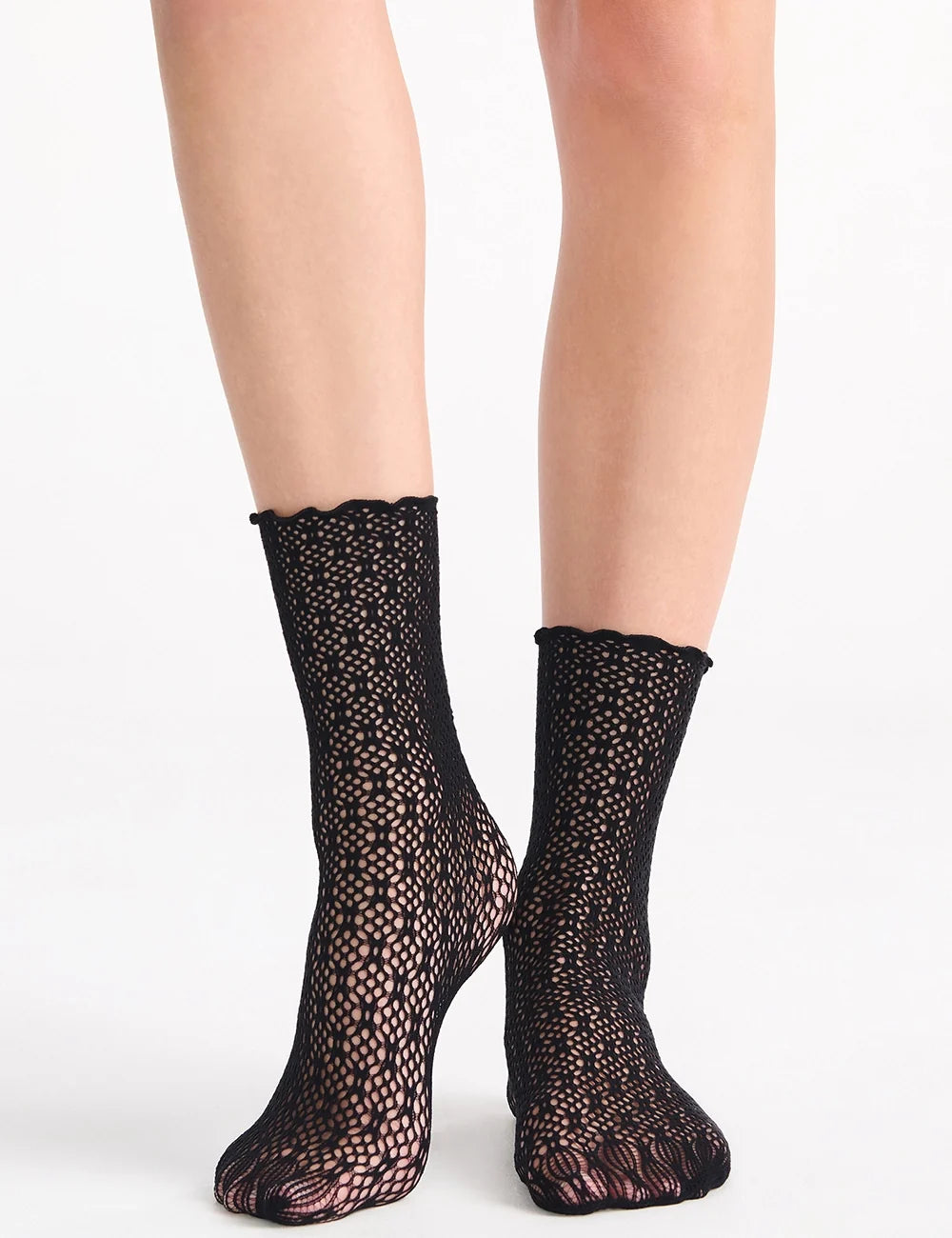 Black crochet net anklets featuring mesh fabric with a scalloped cuff and delicate openwork pattern