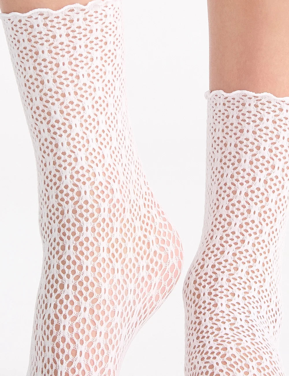 White lace crochet net anklets with scalloped edges and intricate openwork pattern designed for stylish wear