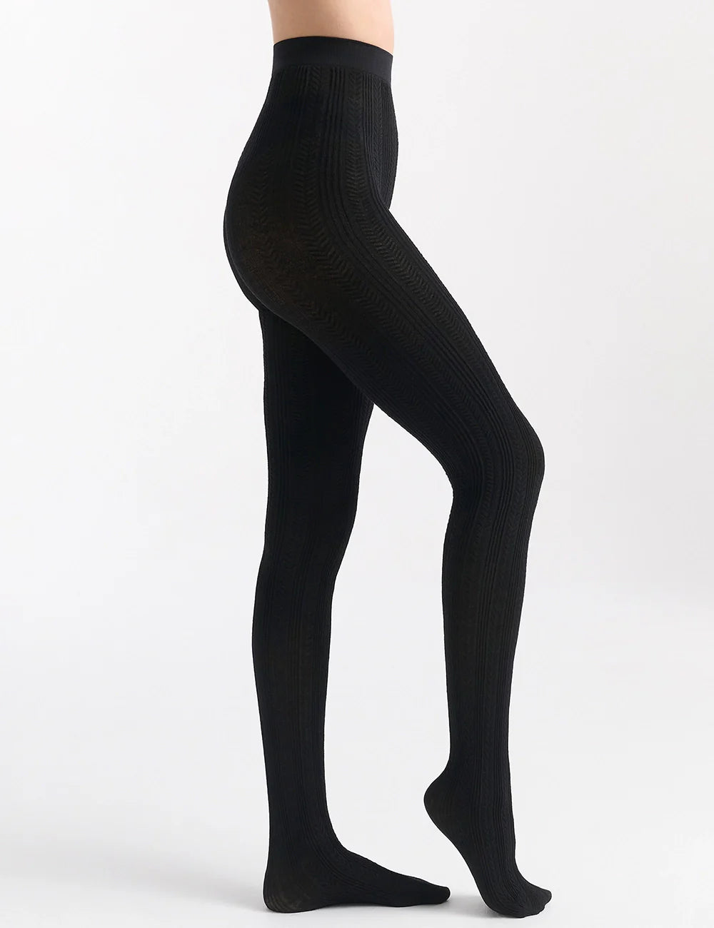Black ribbed high-waisted Fine Cable Tight tights, seamless finish