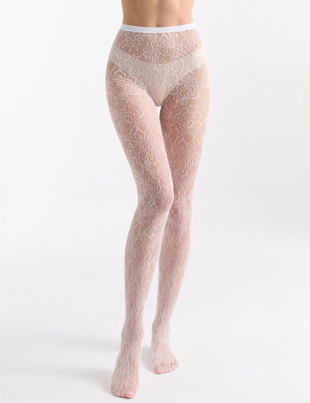 Pink Lace Illusion Tights with floral pattern and white waistband