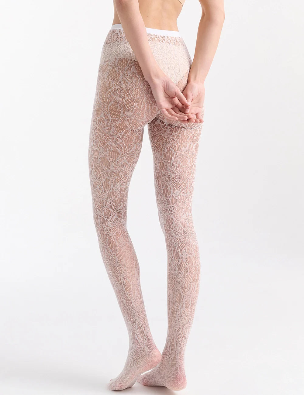 Lace Illusion Tight: beige lace tights with floral pattern, white waistband