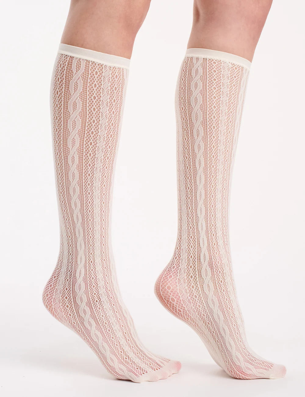 Pink and cream lace net knee-high socks cable-knit design soft breathable material for stylish wear