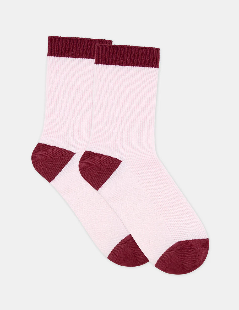 Organic cotton rib crew sock in light pink with burgundy cuffs, toes, heels