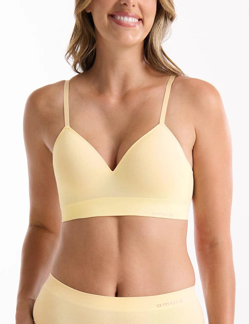 Bondi Bare Longline soft pale yellow seamless bra with v-neckline