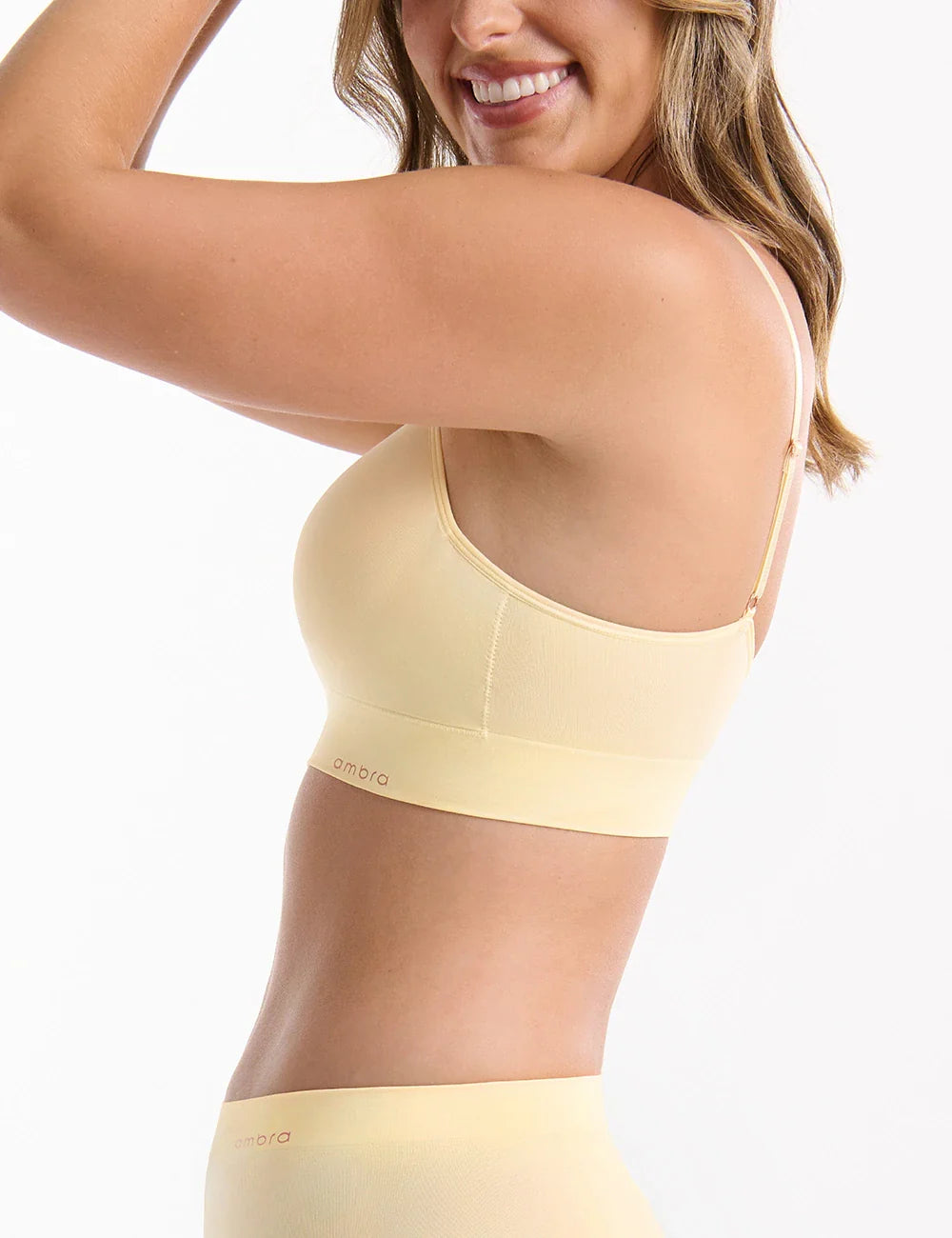 Beige Ambra seamless sports bra with thin straps in Bondi Bare Longline