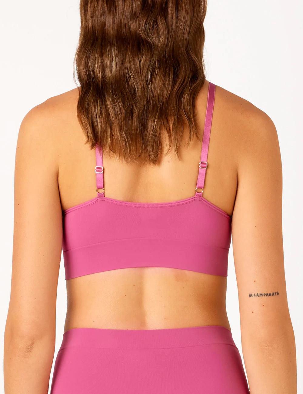 Pink Bondi Bare Longline sports bra with thin straps and adjustable metal clasps