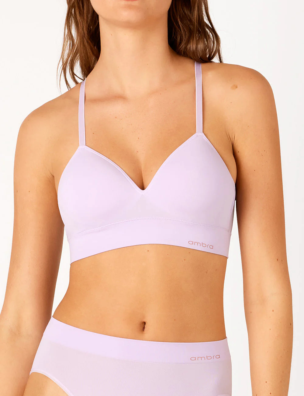 Soft lavender Bondi Bare Longline seamless bra with thin straps and Ambra logo