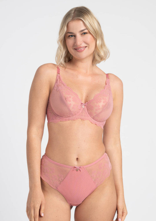 Pink lace rose bra and matching panties set showcasing delicate floral lace design for feminine lingerie wear