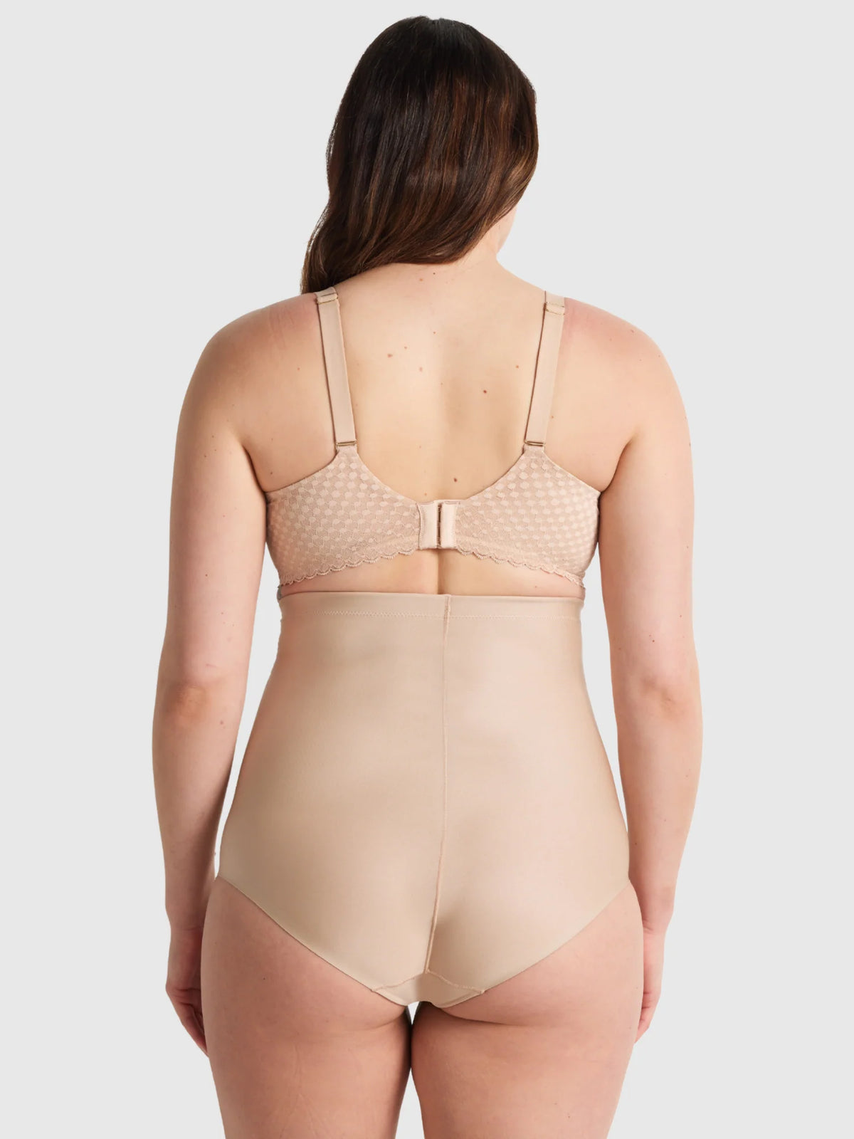 Beige plus-size x-factor high waisted brief body shaper with textured bra top and seamless waistband for comfort