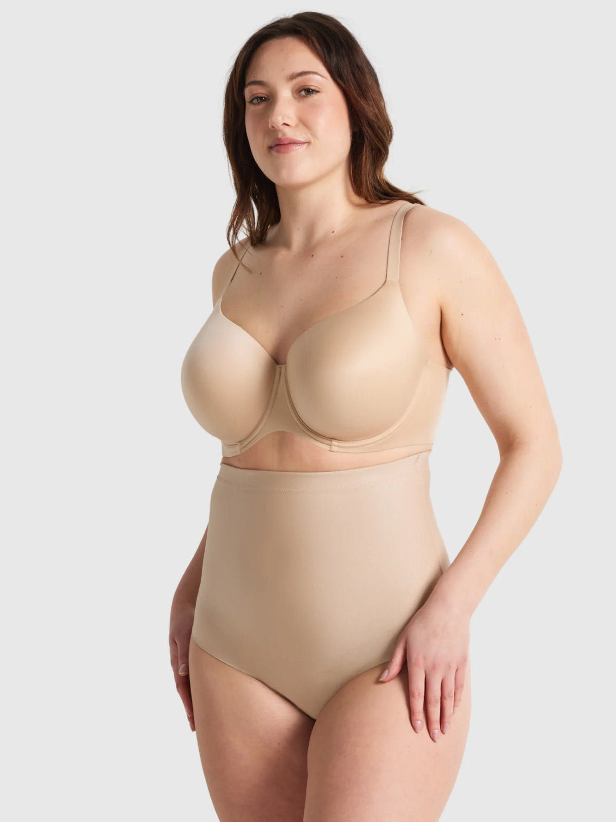 Beige seamless underwire bra with matching high waisted thong shapewear set from the X-Factor collection