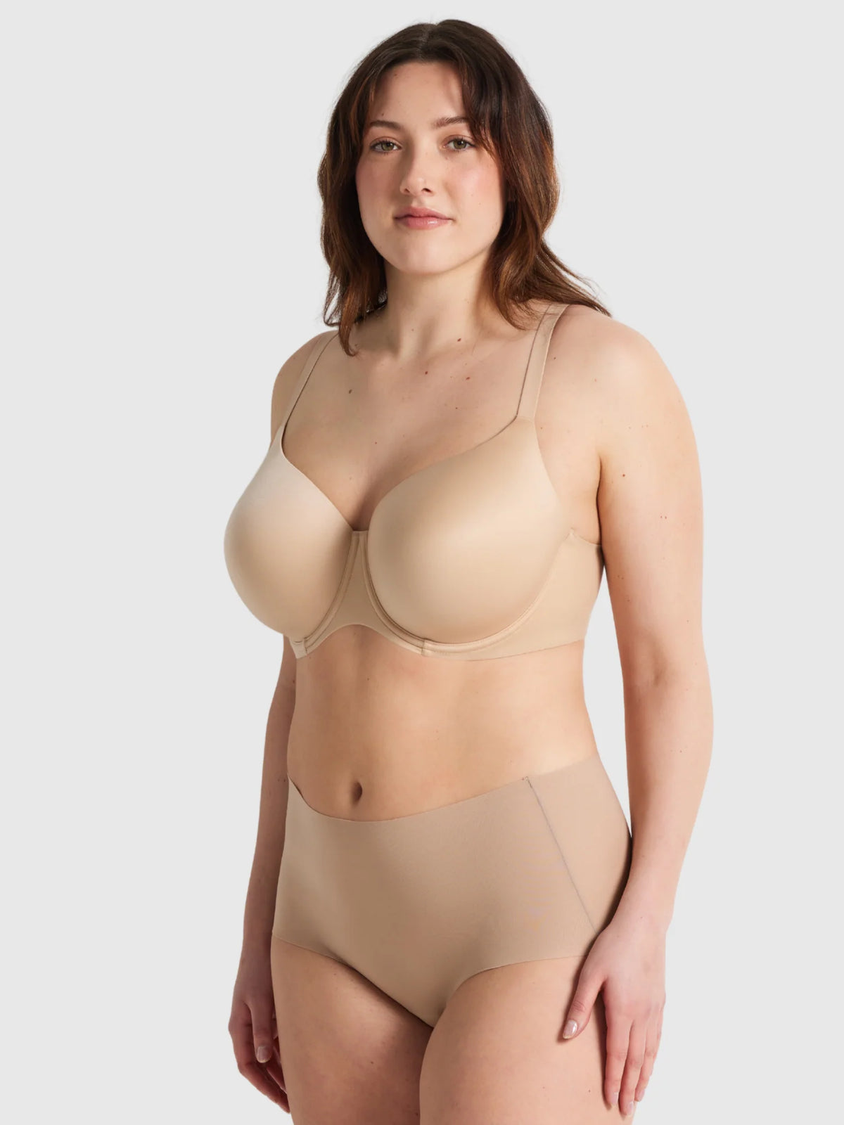 Beige seamless underwire bra with thin straps and matching high-waisted body smart waisted brief set