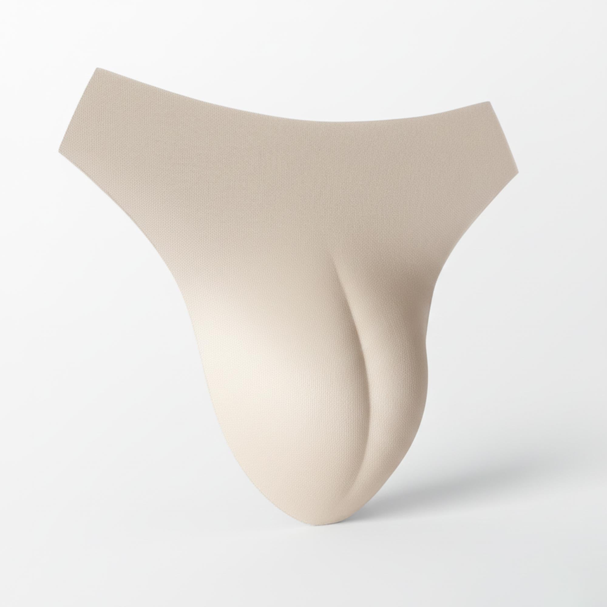 Beige seamless thong with camel toe insert pad in stretchy fabric