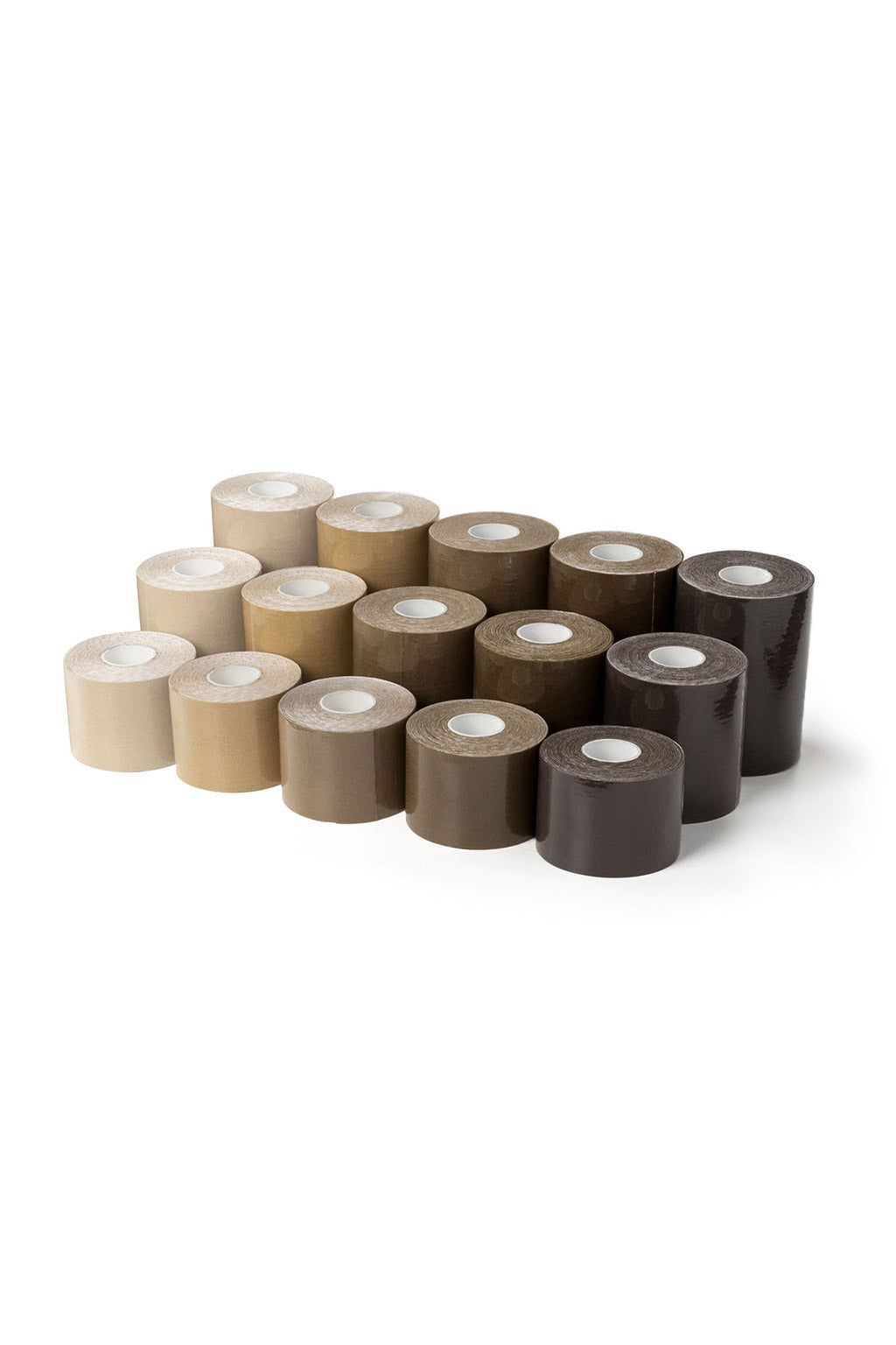 3-inch binding tape rolls in beige to brown shades on white background