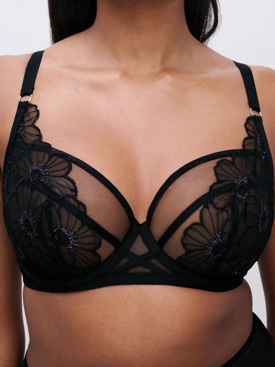 Lush Underwire Bra in black lace with floral embroidery and sheer mesh panels