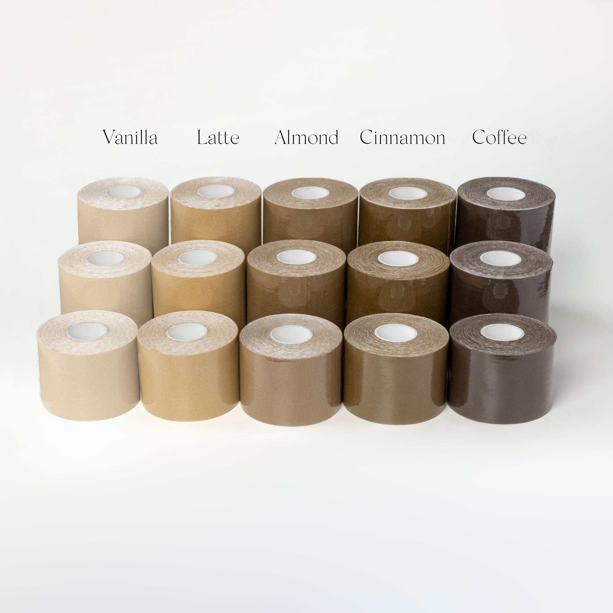 Rolls of 5-inch binding tape in vanilla, latte, almond, cinnamon, coffee flavors
