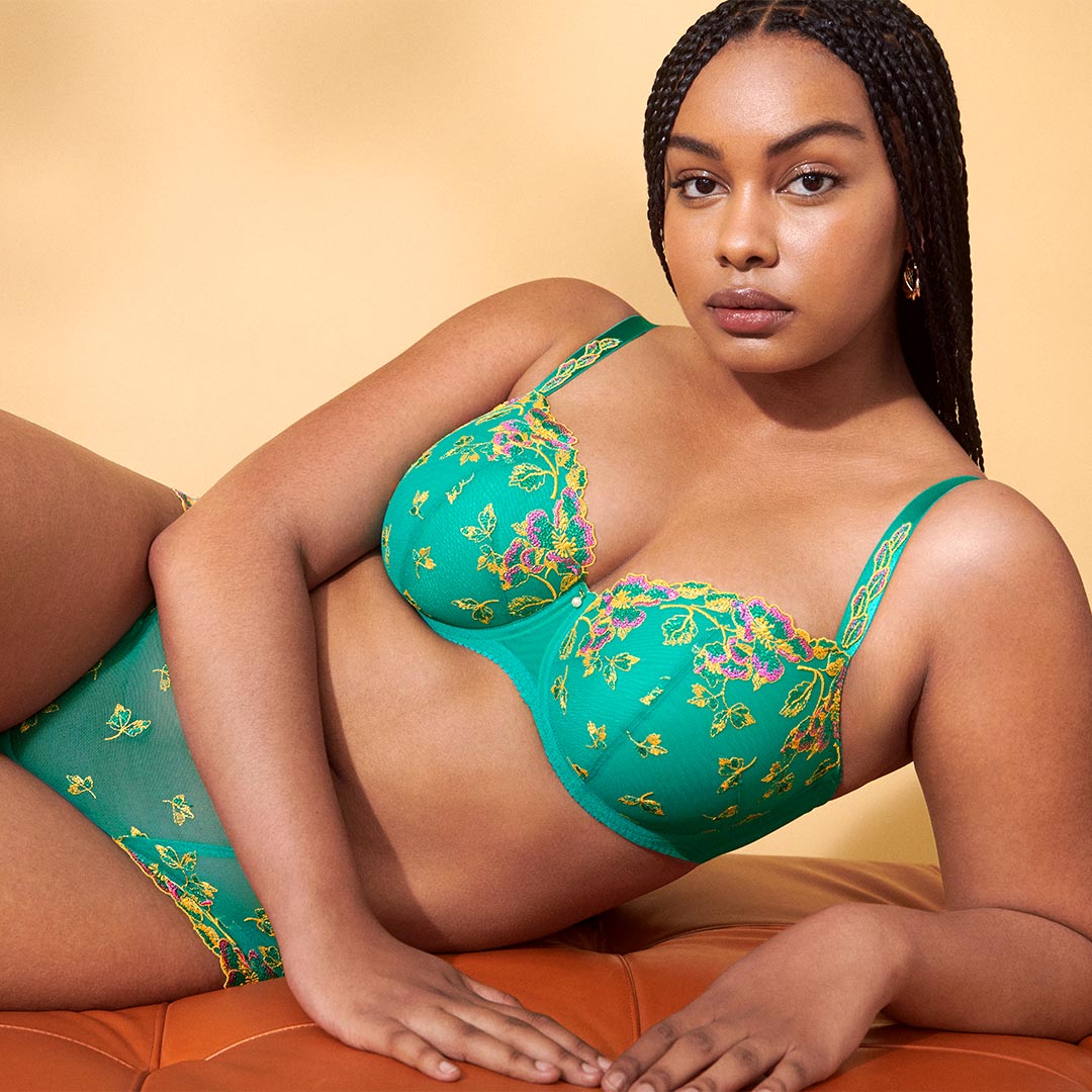 Woman in a bright green bra