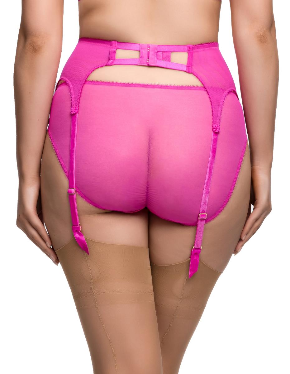 Bright pink Tryst Suspender with sheer mesh high-waist and adjustable straps