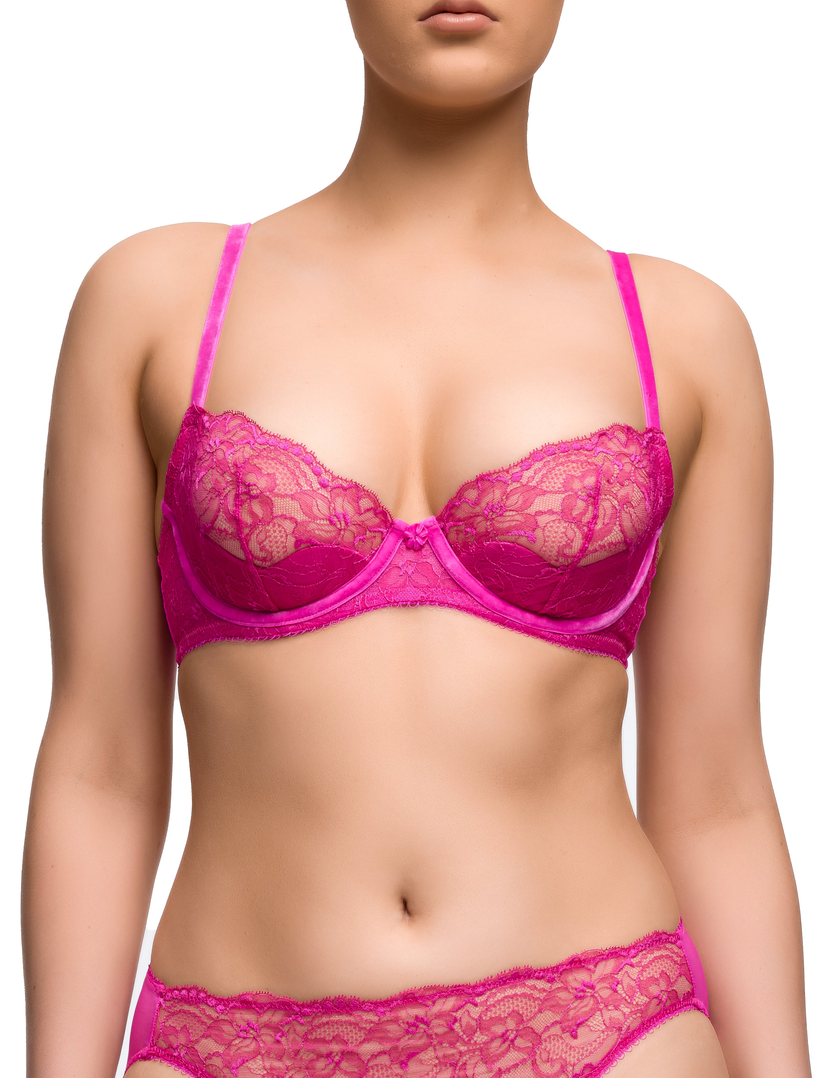 Tryst Balconette Bra in fuchsia lace with satin trim
