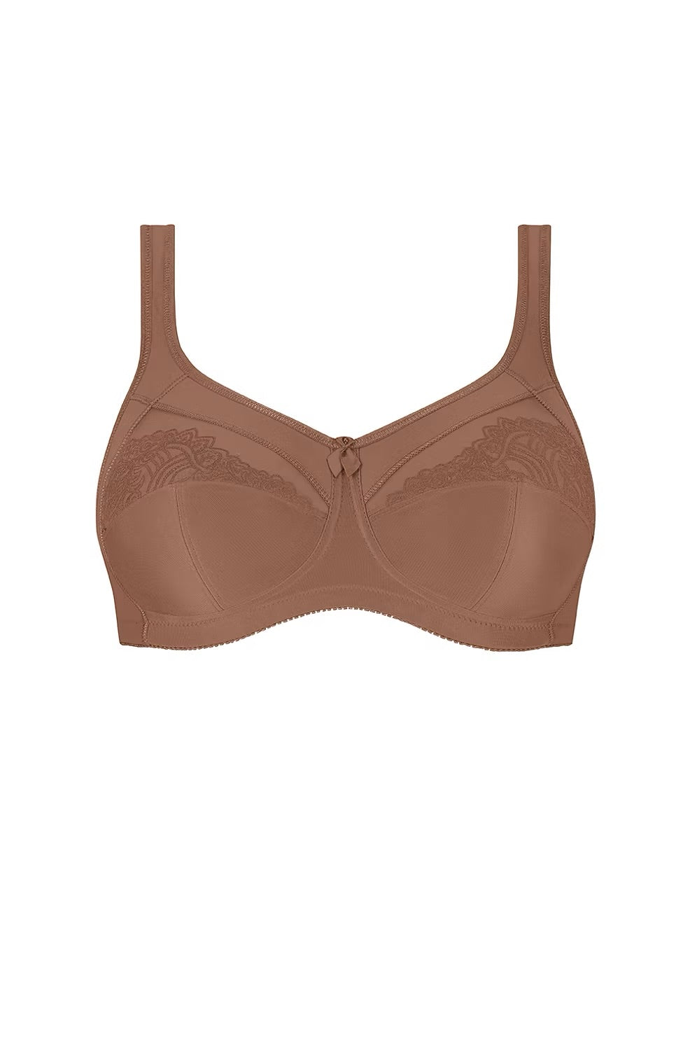 Isadora non-wired bra in tan with delicate lace cups and a central bow for comfortable everyday wear