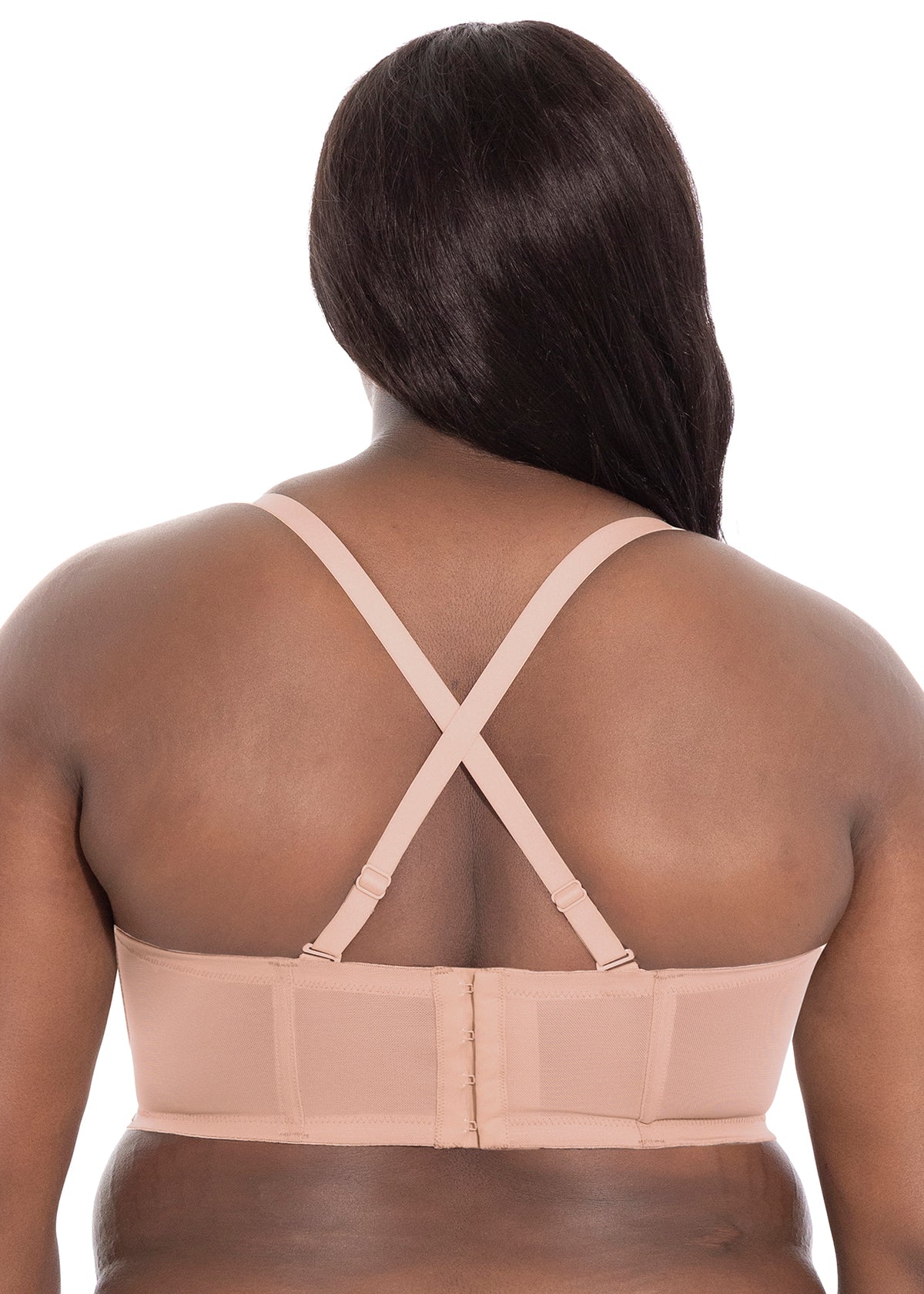 Beige verity strapless bra with underwire crisscross back straps and adjustable side clips in comfortable fabric