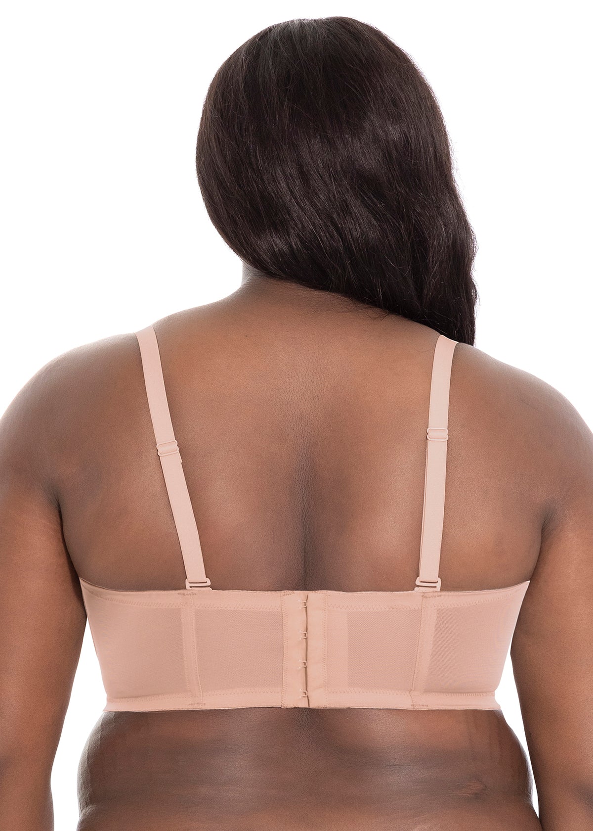 Beige Verity strapless bra with underwire, adjustable straps, and central zipper closure for secure support
